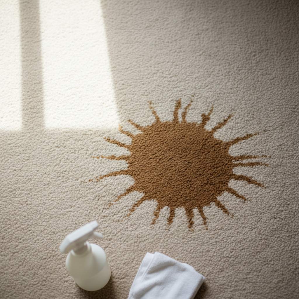 A high-angle, professional photo showcasing a clean, plush beige carpet on one side, transitioning subtly to a section with a visible, dark, old coffee stain that has seeped into the fibers. In the foreground, out of focus, are simple cleaning tools like a white microfibre cloth and a spray bottle, hinting at the solution. The lighting is bright and natural, highlighting the contrast between the stained and pristine areas, emphasizing the article's promise of effective removal.