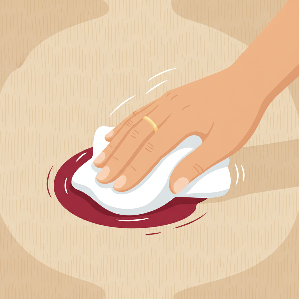A vibrant, flat illustration depicting a close-up of a person's hand, wearing a simple ring, gently dabbing a small, circular red wine stain on a light-colored carpet with a clean white cloth. The movement should be from the outer edge of the stain inwards, illustrating the correct 'tupfen, nicht reiben' technique. The carpet fibers are clearly visible, and the scene conveys care and precision, without any facial features or distracting background elements.
