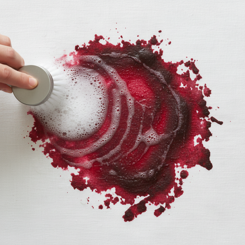 A close-up, top-down view of a white linen tablecloth with a prominent, old, dried red wine stain. One corner of the stain is actively being treated, showing a gentle scrubbing brush or a cloth working on it, with bubbles or a mild cleaning solution visibly breaking down the stain. The untreated part of the stain should look stubborn and embedded, contrasting with a small, visibly cleaner area emerging where treatment is applied. The overall scene should convey hope and efficacy. Professional photo style, bright and well-lit.