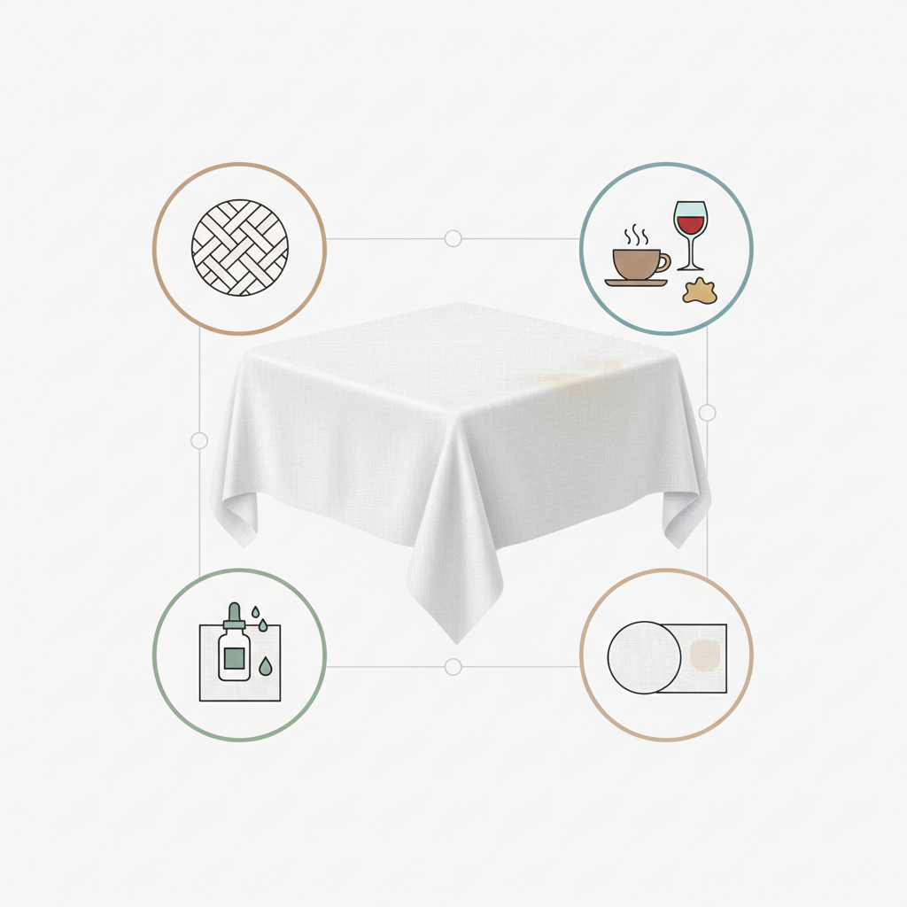 An infographic-style illustration depicting the 'preparation' steps before stain removal. The central element is a section of a tablecloth, with various visual cues arranged around it. One cue shows a magnified fabric weave to represent material identification, another shows different symbolic stain types (e.g., a coffee cup, a wine glass icon, a grease spot) for stain identification. Nearby, a small bottle of cleaner and a test swatch on the fabric illustrate pre-treatment and testing. Clean lines, a modern, minimalist design, and soft, natural colors.