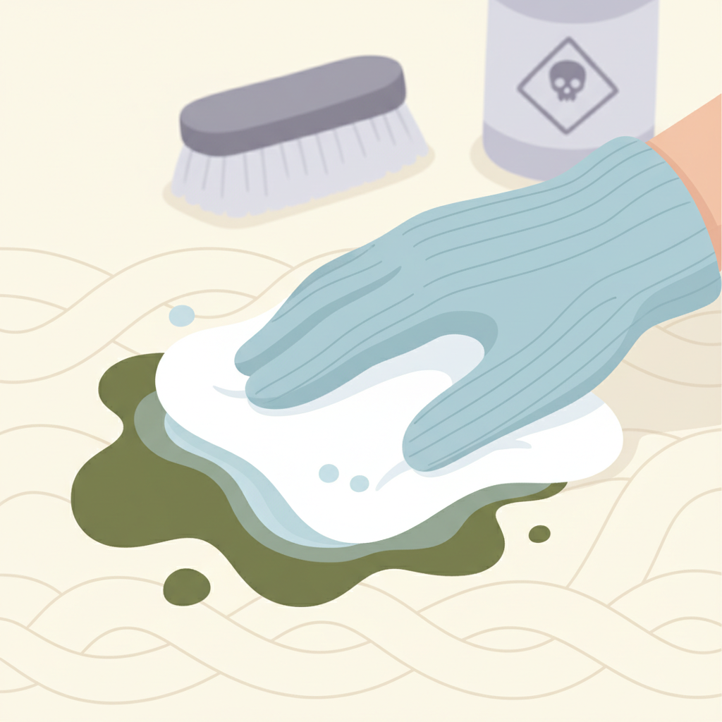 A flat illustration depicting the delicate process of stain removal from wool. The scene shows a close-up, stylized view of intertwining wool fibers, with a deeply embedded, dark stain. A gentle hand, wearing a soft glove, carefully dabs the stained area with a clean, damp cloth. In the background, symbolically representing what to avoid, is a blurry outline of a harsh scrubbing brush and a generic chemical bottle, visually implying 'do not use.' The overall aesthetic is clean and reassuring, emphasizing care and patience. Use soft, muted colors for the wool and cloth, with a contrasting but not aggressive color for the stain.