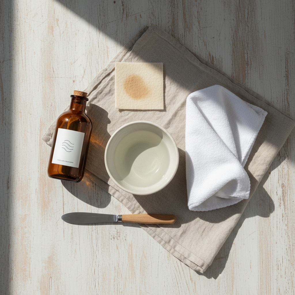 A professional, top-down flat lay photograph showcasing the preparation essentials for wool stain removal. On a warm, textured surface like a light wooden table or soft linen, neatly arranged are: a small ceramic bowl filled with lukewarm water, a clean, soft white microfiber cloth, a generic, minimalist bottle of wool-safe detergent, and a blunt-edged spoon or knife. A small, subtly stained swatch of wool fabric lies nearby, indicating the 'test first' principle. The lighting is soft and natural, creating a calm and clean atmosphere, emphasizing readiness and care. The composition should be inviting and practical.
