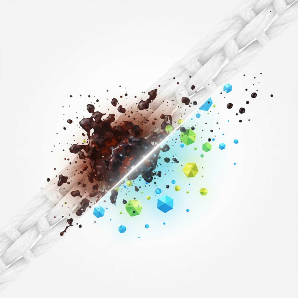 A conceptual infographic style illustration depicting a close-up, almost microscopic view of white fabric fibers. On one half of the image, a dark, aged stain is shown deeply embedded and intertwined within the fabric's threads, symbolizing its stubborn nature. On the other half, abstract, energetic cleaning molecules (represented as small, bright spheres or geometric shapes) are actively working to lift and break down the stain particles, showing them detaching from the fibers and moving upwards, leaving the fabric visibly lighter and cleaner. The overall aesthetic is clean and bright, highlighting the transformation.