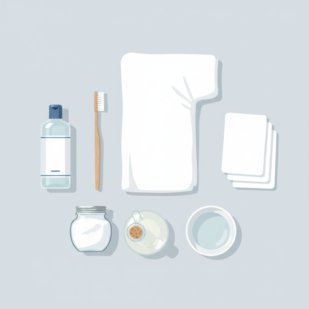 A professional, brightly lit flat-lay illustration showcasing essential tools and ingredients for stain removal. A section of a pristine white garment, possibly a shirt or towel, lies on a clean surface. Arranged around it are a soft-bristled brush (like an old toothbrush), a small white ceramic bowl filled with clear water, a stack of clean white absorbent cloths, and bottles or jars symbolizing common cleaning agents such as a liquid stain remover, baking soda, and vinegar. The composition conveys readiness and organization, with subtle hints of gentle care.