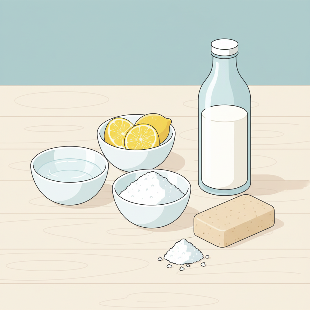 A clean, bright flat illustration showcasing an array of natural home remedies. On a light, uncluttered surface, arrange small, elegant bowls or containers holding white vinegar, sliced lemons, baking soda powder, and a bar of gall soap. Include a simple glass bottle of milk and a small pile of coarse salt. The overall composition should be aesthetically pleasing and suggest natural cleaning power, utilizing soft, harmonious colors and a fresh, minimalist aesthetic.