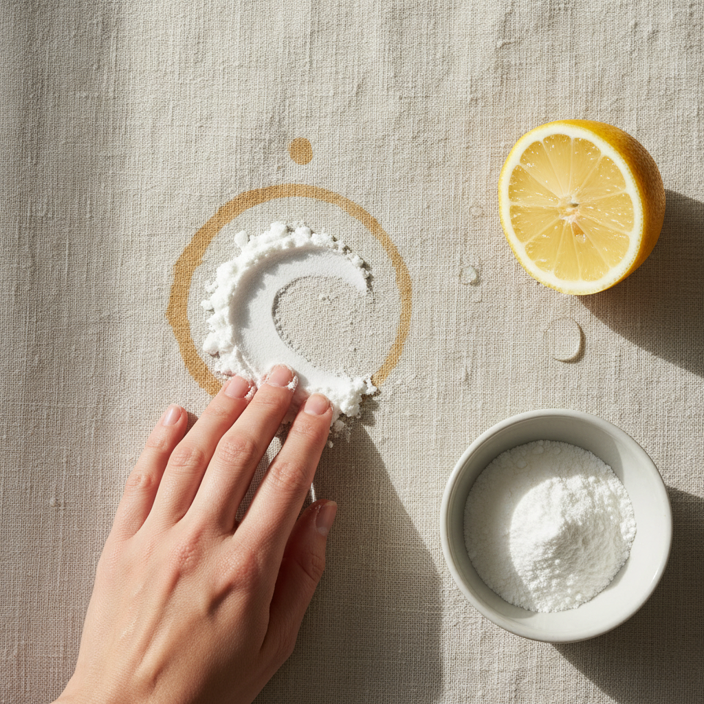 A professional, high-angle photograph focusing on a hand gently applying a paste, made from baking soda and a few drops of water, to a visible, dried-on coffee stain on a textured, light-colored fabric (e.g., linen tablecloth). Nearby, a fresh, half-peeled lemon and a small ceramic bowl of baking soda are subtly visible. The scene should convey a sense of gentle yet effective cleaning, illuminated by soft, natural light, emphasizing the process of natural stain removal.