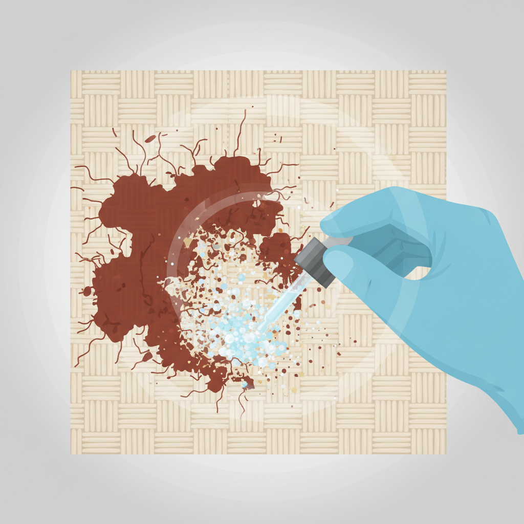 A detailed, clean flat illustration showing a cross-section of a fabric swatch with an old, deep brown stain embedded within its fibers. On one side, the stain is depicted as stubbornly intertwined with the fabric, showing deep penetration and chemical bonding at a microscopic level. On the other side, a gentle hand in a protective glove applies a cleaning solution (represented by small, active bubbles or dissolving particles) onto the stain, visually demonstrating the stain breaking apart and lifting from the fibers. The background is light and uncluttered, emphasizing the cleaning action and transformation. Use a professional, crisp illustration style.