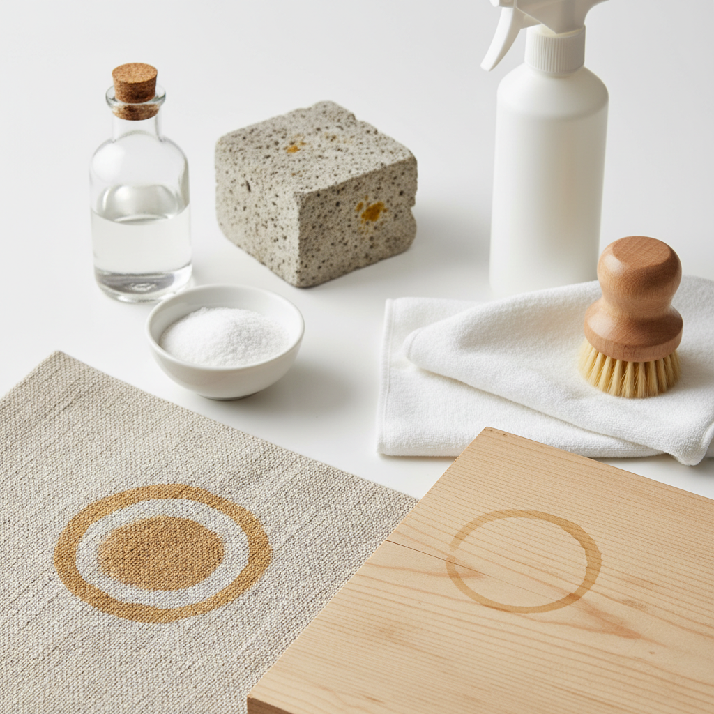 A professional product photography style image showcasing various surfaces with distinct old stains, ready for removal. In the foreground, a corner of a beige textile with an old coffee stain, next to it a section of light wood with a faded water ring. In the background, a small piece of textured stone exhibiting a subtle, old discoloration. Arranged around these surfaces are common cleaning agents and tools: a small bowl of baking soda, a bottle of clear liquid (vinegar), a generic bottle of 'special cleaner' with no branding, a clean white cloth, and a soft-bristled brush. The lighting is soft and even, highlighting the textures and the problem-solution aspect. The composition should feel organized and informative.