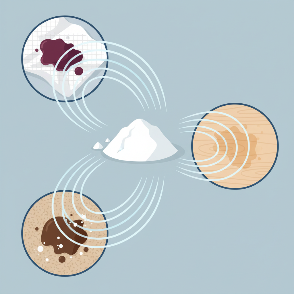 A vibrant, modern flat illustration. In the center, a clean pile of white baking soda powder. From this pile, subtle, dynamic energy lines or stylized 'waves' emanate outwards, reaching towards different types of common stains. These stains are depicted on distinct textures: a deep red wine splash on a crisp white fabric, a greasy dark brown mark on a textured beige carpet, and a faint tea stain on a light wooden surface. The baking soda visually represents its versatile cleaning power, actively dissolving and lifting the stains, with a sense of gentle yet effective action.