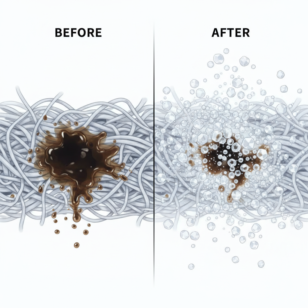 A clear and elegant scientific illustration demonstrating the chemical interaction of baking soda with a stain. The image is split, showing a 'before' and 'after' perspective. On the 'before' side, a magnified view of a dark, oily stain deeply embedded within the interwoven fibers of a light grey fabric. On the 'after' side, small, crystalline particles representing baking soda are actively surrounding and breaking down the stain molecules, causing them to lift away from the fabric fibers, with tiny effervescent bubbles suggesting the chemical reaction. The overall impression is one of effective, gentle purification.