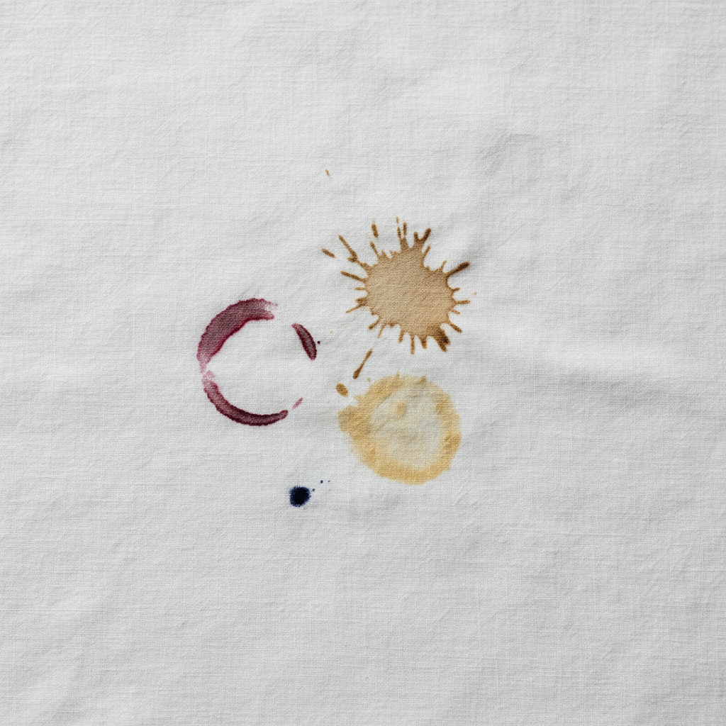 A top-down, slightly angled, professional photo capturing a pristine white linen tablecloth. The focus is on a small, isolated section of the fabric where several distinct, old, and stubborn stains are visible. Include a deep red wine ring, a dried brown coffee splodge, a greasy yellowish food stain, and a small, dark ink mark. The stains should appear deeply embedded and resistant, with subtle textural differences indicating their age. The surrounding fabric must be immaculately clean, creating a strong contrast. Soft, natural lighting enhances the fabric's delicate texture and folds.