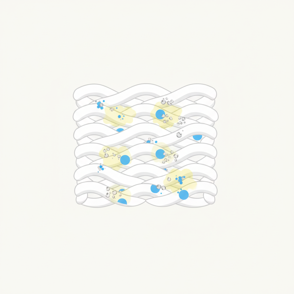 A clean, detailed flat illustration showing a magnified cross-section of white fabric fibers. On the surface of these fibers, small, abstract blue spheres representing sweat molecules are interacting with equally abstract silver particles, symbolizing aluminum compounds from deodorant. Around the point of interaction, a soft, diffuse yellow glow or subtle yellow discoloration emanates, visually depicting the oxidation process that causes yellow sweat stains. The style should be modern and clean, using a professional, infographic-like aesthetic with a clear distinction between components.