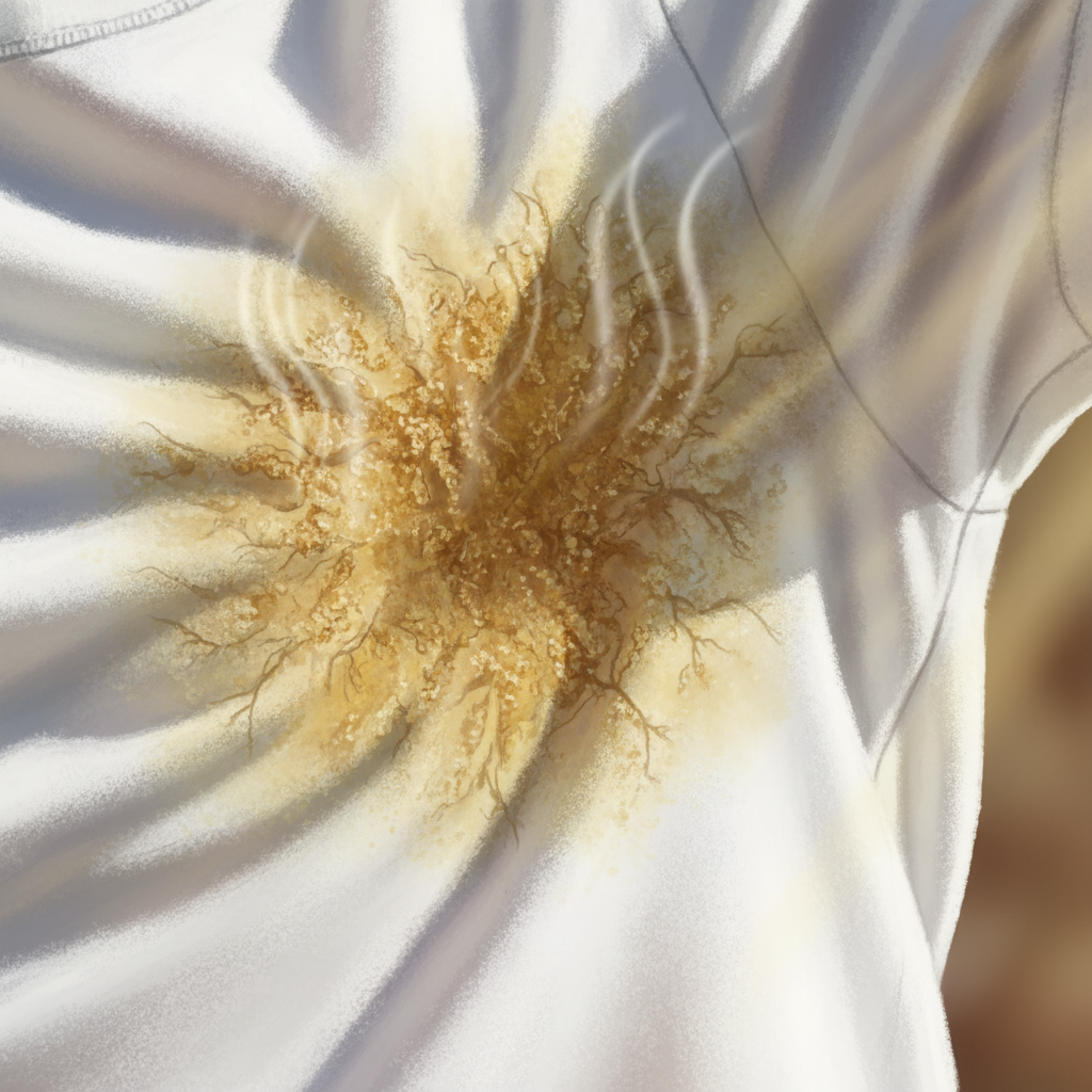 A realistic, close-up digital painting depicting a section of white textile, like a t-shirt armpit. The focus is on a deeply embedded, distinct yellow sweat stain. The illustration should emphasize the stain's texture, showing its yellow pigment deeply interwoven within the fabric threads, not just superficially. Subtle visual cues like faint, wavy heat lines or soft sunbeams subtly interacting with the stain can suggest factors like heat fixing or UV exposure, highlighting why old stains are so difficult to remove. The overall mood should be informative and visually clear.
