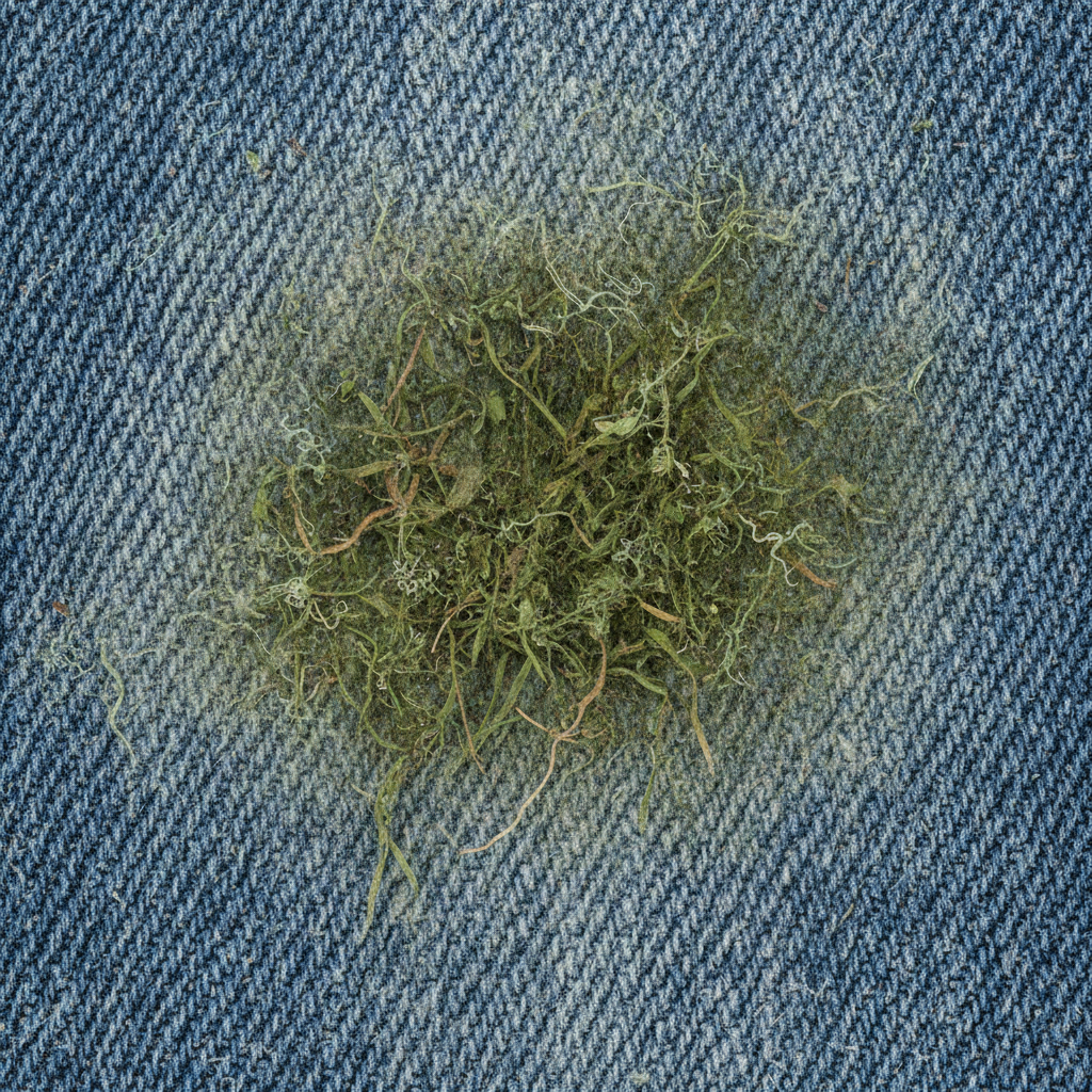 A macro photography style image showing a persistent, aged green grass stain deeply embedded in the weave of classic blue denim jeans. The focus is on the intricate texture of the denim threads, with the vibrant green chlorophyll pigments visibly intertwined within them. Abstract, microscopic graphical representations of plant proteins and cellulose particles are subtly depicted clinging to the fabric fibers, conveying the stain's stubbornness. The lighting is crisp, highlighting the depth and detail of the textile and the tenacious nature of the discoloration, symbolizing the challenge of old stains.