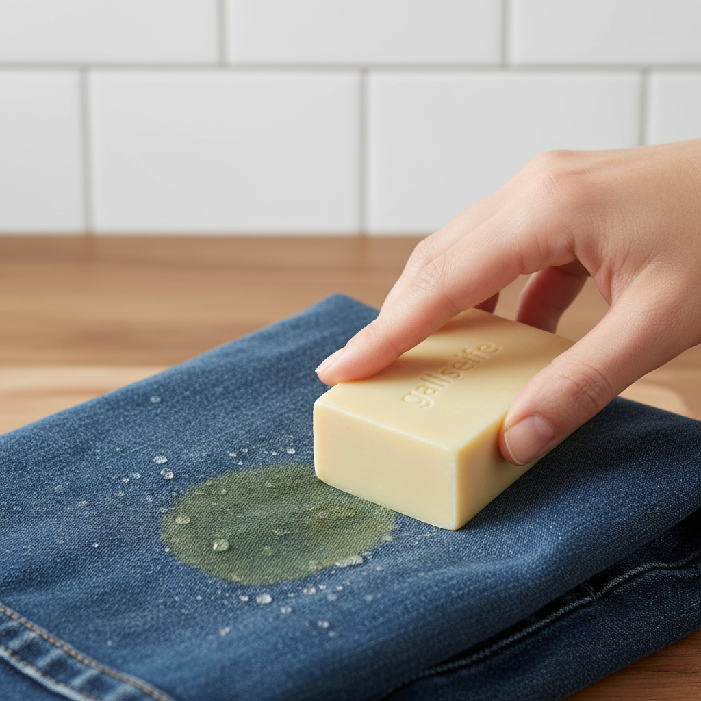 A clean and well-lit professional photo showing the careful application of a stain remover. A pair of hands holds a bar of solid gallseife, gently rubbing it onto a vivid green grass stain on a folded section of blue denim jeans. Water droplets are visible on the stained area, indicating a pre-moistened fabric. The application technique demonstrates working from the outer edges of the stain towards its center. The background is softly blurred, keeping the focus entirely on the hands, the gallseife, and the jeans, conveying a sense of practical, gentle cleaning.
