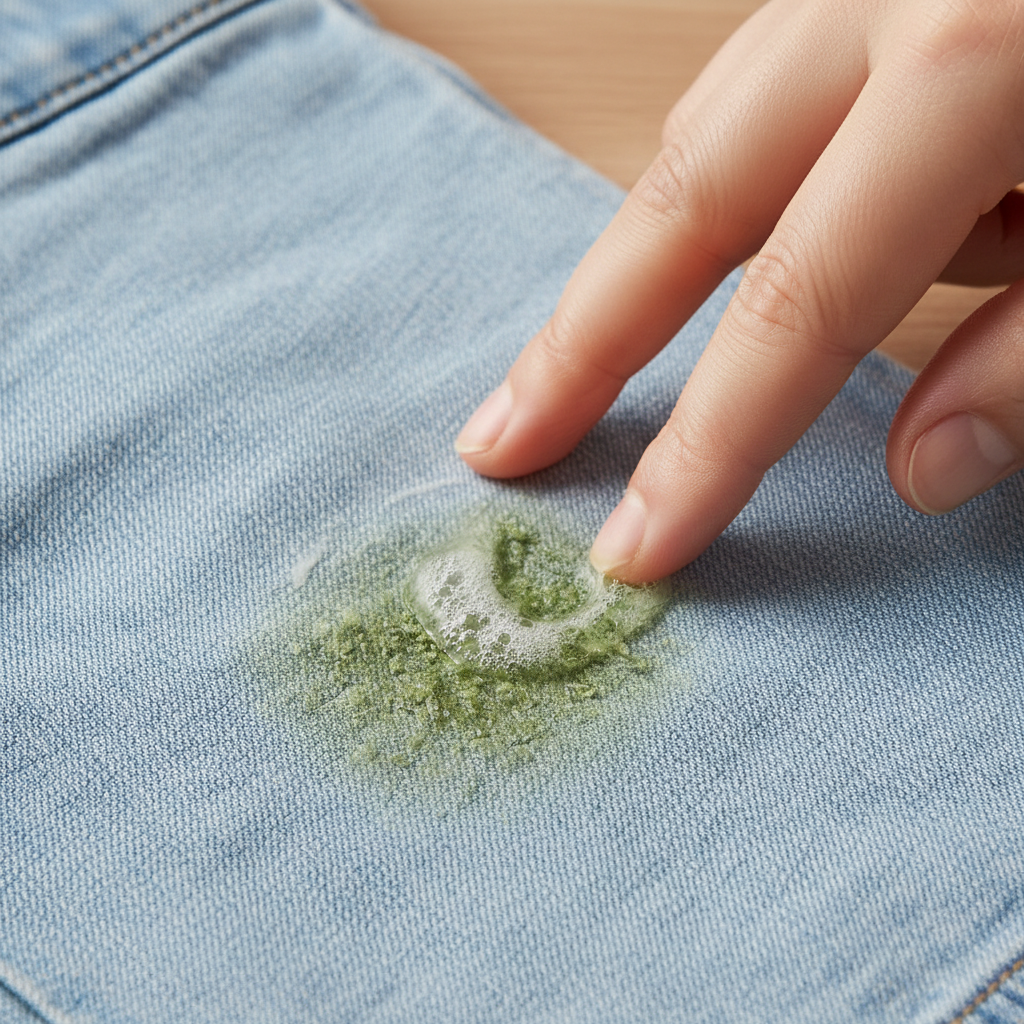 A close-up, brightly lit professional photo of a light-colored cotton fabric, perhaps a child's shorts or a pair of jeans, with a distinct, slightly dried green grass stain prominently visible. A hand, with clean fingers, gently rubs a small amount of translucent liquid soap or clear gel directly onto the center of the stain. The texture of the fabric fibers should be clear, and the soap should show a slight lathering effect, implying the start of the stain removal process. The background is softly blurred, focusing entirely on the stained fabric and the cleaning action.