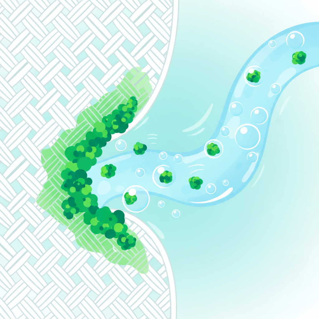 A clean, modern flat illustration depicting the microscopic action of a cleaning agent on a grass stain. On one side, stylized green chlorophyll particles are shown deeply embedded within the interwoven fibers of a piece of fabric. On the other side, a stream of abstract cleaning molecules or gentle bubbles is shown actively surrounding and lifting these green particles away from the fabric fibers, leaving them clean. The illustration uses a bright color palette, emphasizing the contrast between the stubborn stain and the effective cleaning process, without showing specific products.