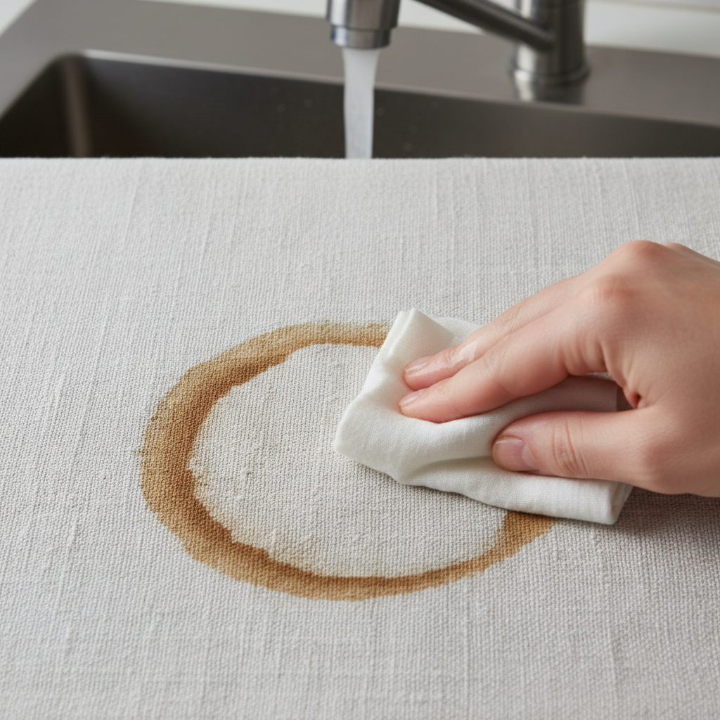 A close-up, high-angle professional photo of an old, dark brown coffee stain deeply set into a white linen tablecloth. A clean hand, possibly wearing a protective glove, gently dabs the stain with a small, white cloth or paper towel. In the background, out of focus, a faucet suggests running water. The focus is sharp on the textured fabric and the stain, conveying the difficulty and the careful initial treatment of the stubborn mark. The lighting is soft and natural, highlighting the fabric's weave.