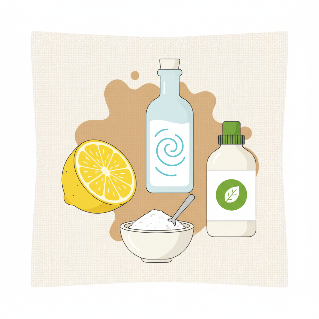 A vibrant, flat illustration depicting an array of household remedies arranged neatly on a light-colored, stylized fabric texture, suggesting a tablecloth. Featured items include a bright yellow lemon half, a clear bottle of white vinegar, and a small, generic bottle of a cleaning product. A stylized, abstract brown coffee stain shape is subtly integrated into the fabric, connecting the items to the problem. The composition is clean and organized, with a friendly, inviting color palette suitable for a DIY guide.