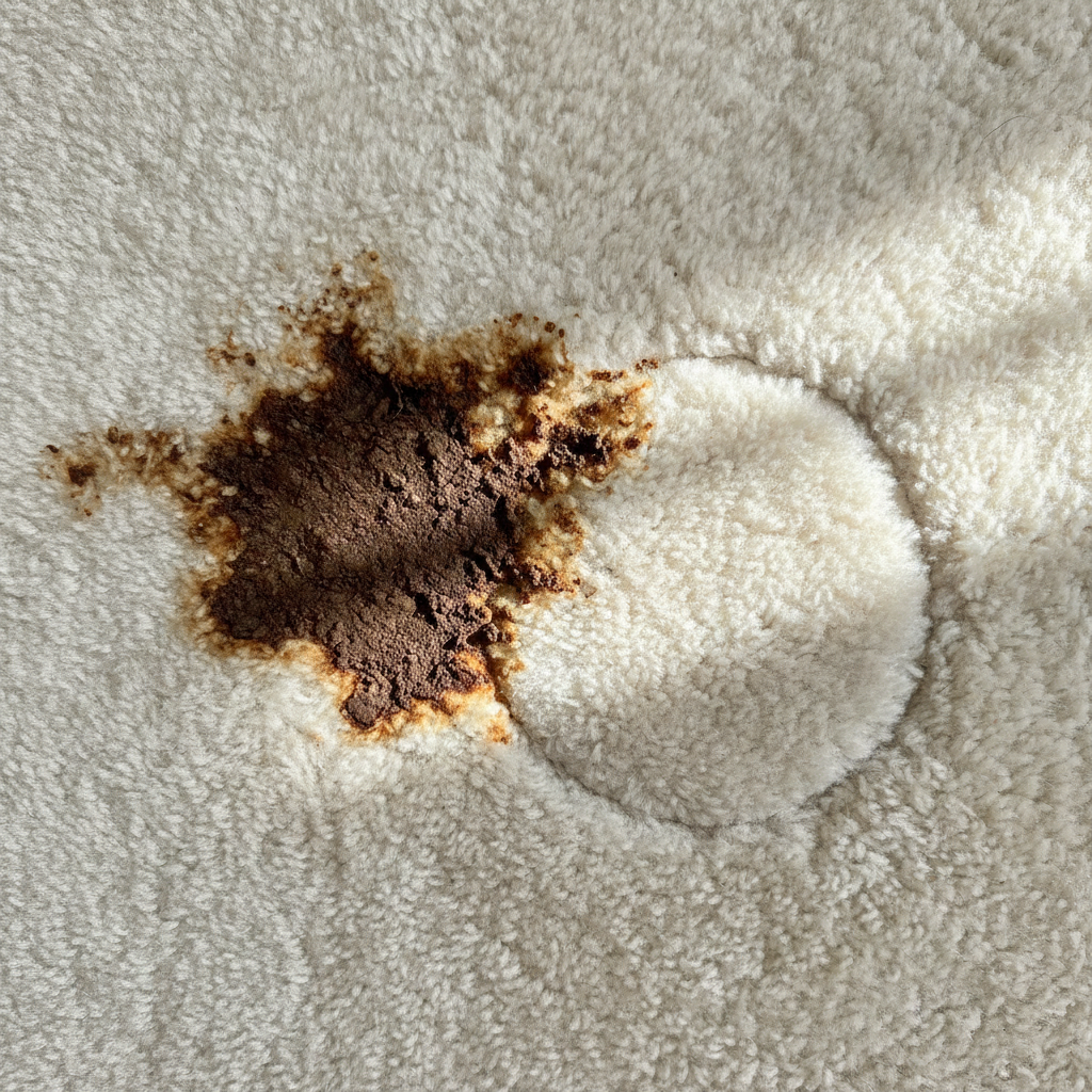 A close-up, top-down view of a plush, beige carpet section, featuring a clearly visible, dried, dark brown coffee stain. Next to it, a small area of the same carpet is noticeably clean and pristine, subtly implying the success of the cleaning process. The overall mood is one of overcoming a challenge, with light reflecting off the clean fibers contrasting the dull stain. Style: Professional photo, well-lit with natural light, focusing on texture and detail.