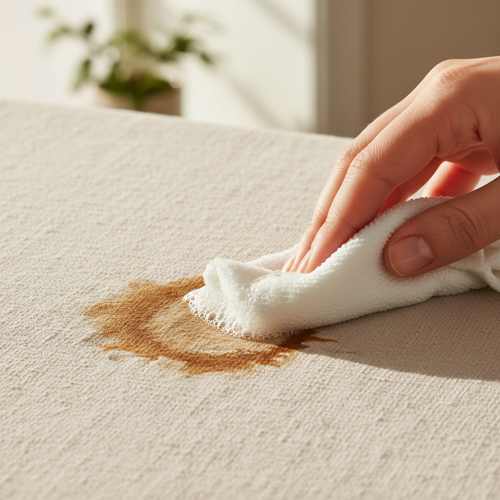A close-up, warm-toned professional photo showing a stubborn, dried coffee stain on a light-colored fabric, possibly a white cotton shirt or linen tablecloth. A hand, gently holding a soft sponge or cloth, is dabbing a small amount of frothy liquid onto the edge of the stain. The focus should be on the contrast between the dark, deeply set stain and the clean fabric, and the delicate, caring motion of the cleaning process. The background is softly blurred, keeping the attention on the stain, the fabric texture, and the hand in action, emphasizing natural methods.