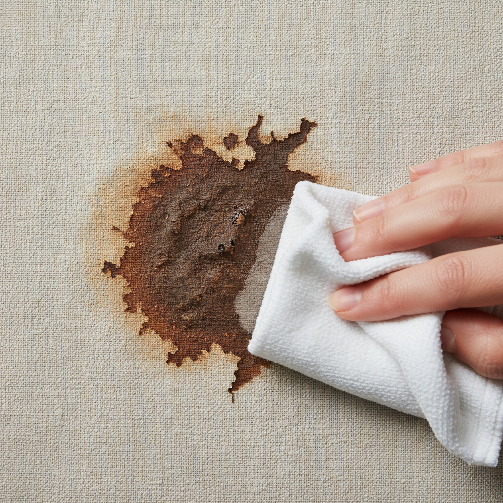 A close-up, high-definition professional photograph of a challenging, old, dark brown coffee stain deeply embedded in the fibers of a light beige linen tablecloth. The stain is visibly dry and has oxidized, presenting a stubborn appearance. A person's hand, with manicured fingers, is gently dabbing the edge of the stain with a folded white micro-fiber cloth, which appears slightly damp. The background is softly blurred, focusing attention entirely on the intricate texture of the fabric and the concentrated effort of stain removal, conveying both the difficulty and the potential for a clean outcome.