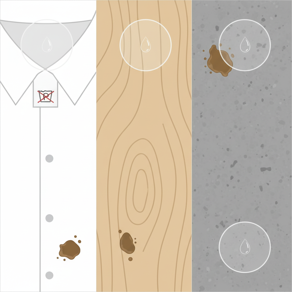 A clean, minimalist flat illustration depicting three distinct panels, each showcasing a different material susceptible to coffee stains. Panel one displays a section of a white cotton shirt with a visible care tag symbol; panel two features a smooth, light wooden surface with a subtle grain; and panel three illustrates a grey, textured stone tile. On each material, a small, dried coffee stain is present. Over an inconspicuous corner of each panel, a small, transparent test droplet or a magnified area highlights the crucial step of testing a cleaning solution before full application, emphasizing caution and material identification.