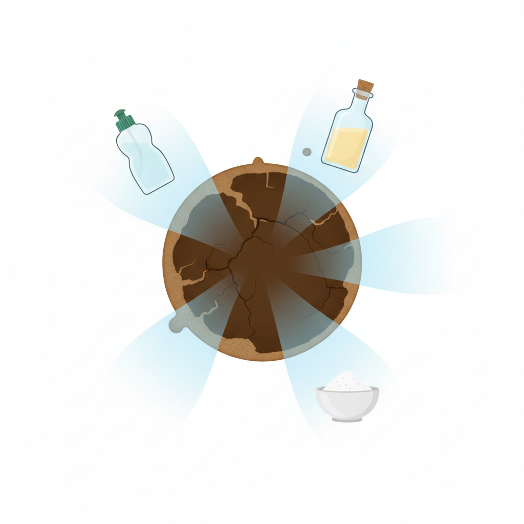 A vibrant, clean flat illustration in a modern, minimalistic style. The central element is a stylized, dark brown coffee stain on a white background, subtly cracked or textured to suggest it's old and dried. Surrounding the stain are several small, iconic representations of common home remedies: a generic bottle of dish soap, a clear bottle of vinegar, and a small bowl with white powder (baking soda). Each remedy subtly radiates a 'cleaning' or 'dissolving' aura towards the central stain, symbolizing their effectiveness in tackling the problem.