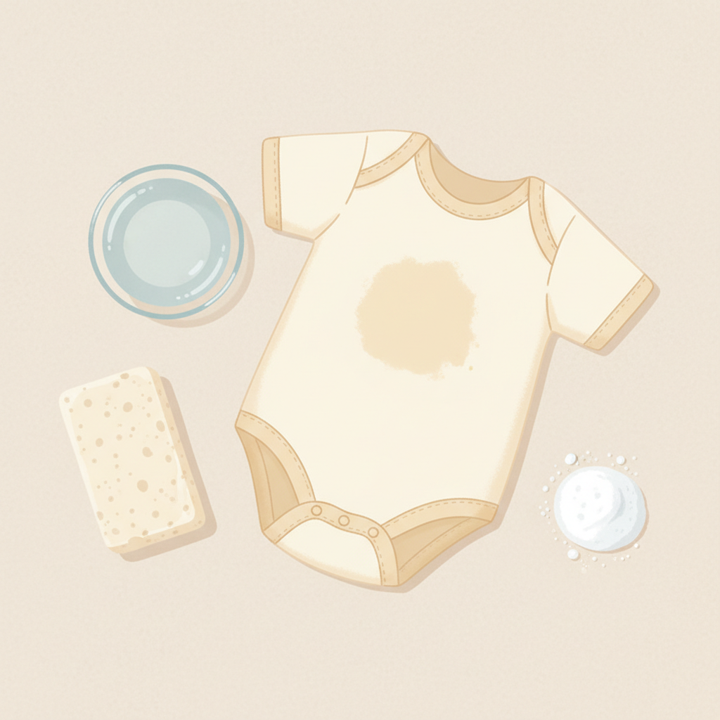 A soft, warm flat illustration depicting a light-colored baby onesie laid gently on a clean, light fabric surface. A prominent, dried, slightly yellowish milk stain is visible on the chest area of the onesie. Around the onesie, various cleaning elements are artfully arranged: a block of gall soap with a creamy texture, a small, clear glass bowl filled with cold, pristine water, and a small pile of white baking soda powder. The scene evokes a sense of gentle care and effective home remedies, with a focus on problem and solution.