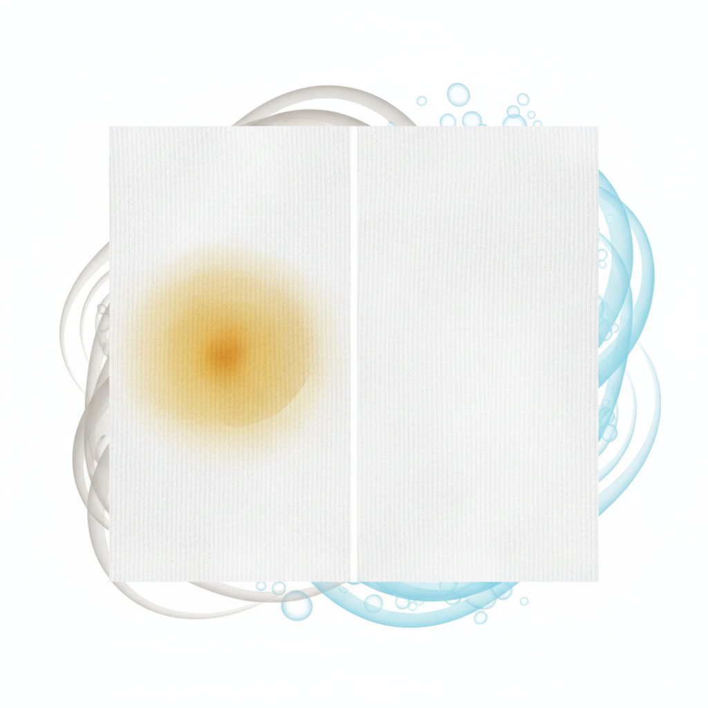 A clean, bright illustrative infographic style image showing a 'before and after' comparison for stain removal. On the left side, a close-up of a white baby garment fabric, clearly showing a deeply set, aged, and slightly oxidized milk stain. The fabric fibers around the stain might appear slightly dulled. On the right side, the identical section of fabric is pristine, completely free of any stain, appearing fresh and bright. Subtle, abstract background elements hint at the persistence of the stain on the left and the freshness of cleanliness on the right, without being literal.