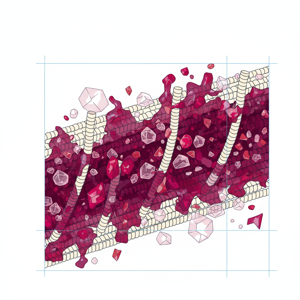 A detailed, close-up illustration depicting a microscopic view of textile fibers heavily embedded with a dark red/purple fruit stain. Abstract representations of sugars (sticky, crystalline shapes), fruit acids (small, angular forms), and color pigments (irregular, vibrant splotches) are shown deeply intertwined with the fabric threads, illustrating their stubborn adherence. The image should convey the difficulty of removal, with a clean, educational scientific diagram style.