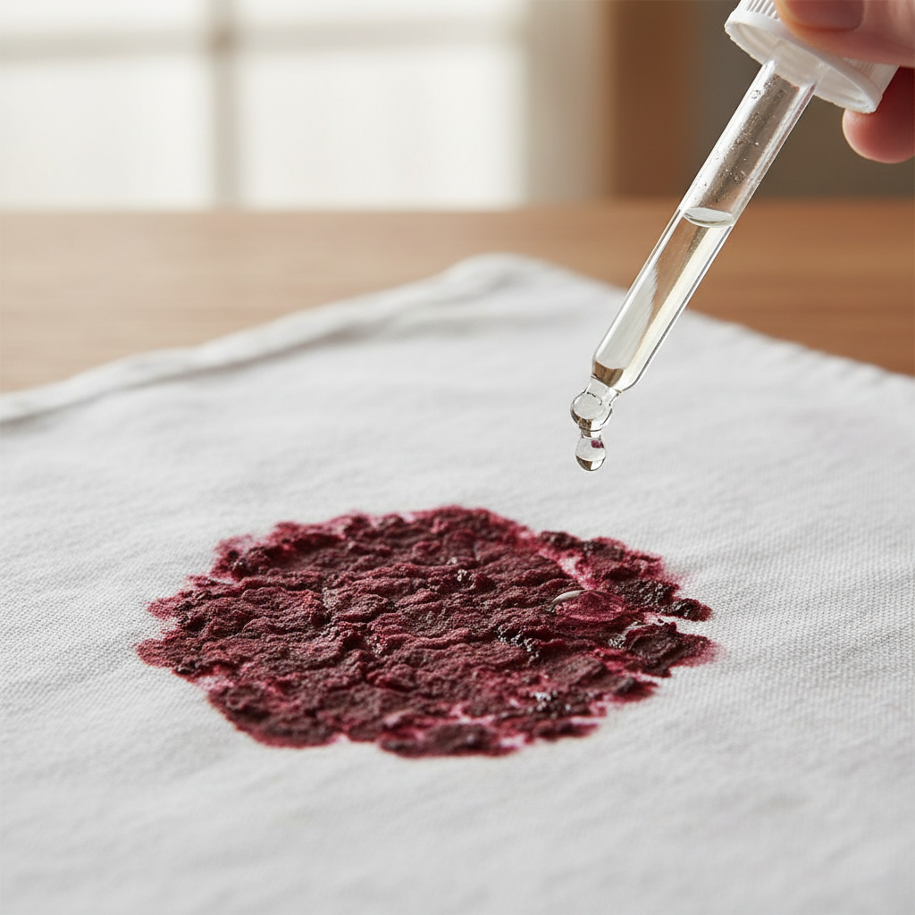 A close-up professional studio photo depicting a white fabric, like a tablecloth or t-shirt, marred by a prominent, dark, dried-in fruit stain, possibly from berries. Next to the stain, a small glass dropper carefully releases a clear liquid onto the edge of the stain, symbolizing a natural remedy like lemon juice or vinegar starting its work. The focus is sharp on the stain and the dropper, with a softly blurred background hinting at a domestic setting. The image should convey precision and the initial step of stain removal, emphasizing the contrast between the stubborn stain and the applied solution.