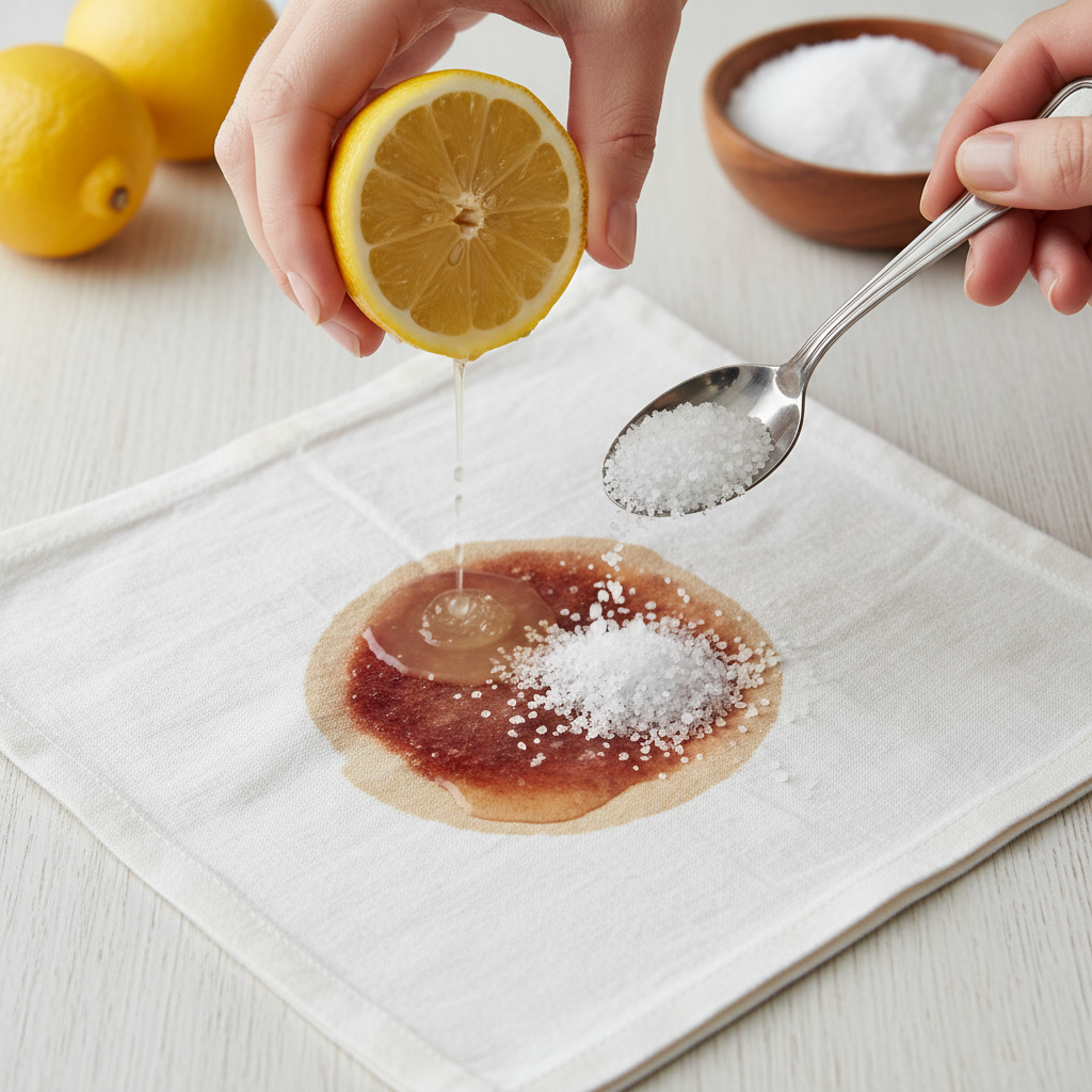 A professional, well-lit photograph showing the application of a home remedy to an old fruit stain. A hand is gently squeezing a fresh lemon half, with drops of juice falling directly onto a noticeable dark red stain on a piece of light-colored fabric (e.g., a white cotton shirt). Next to the lemon juice, a small, elegant spoon is sprinkling coarse white salt generously over the same area. The scene should be bright and clean, emphasizing the natural ingredients and the process.