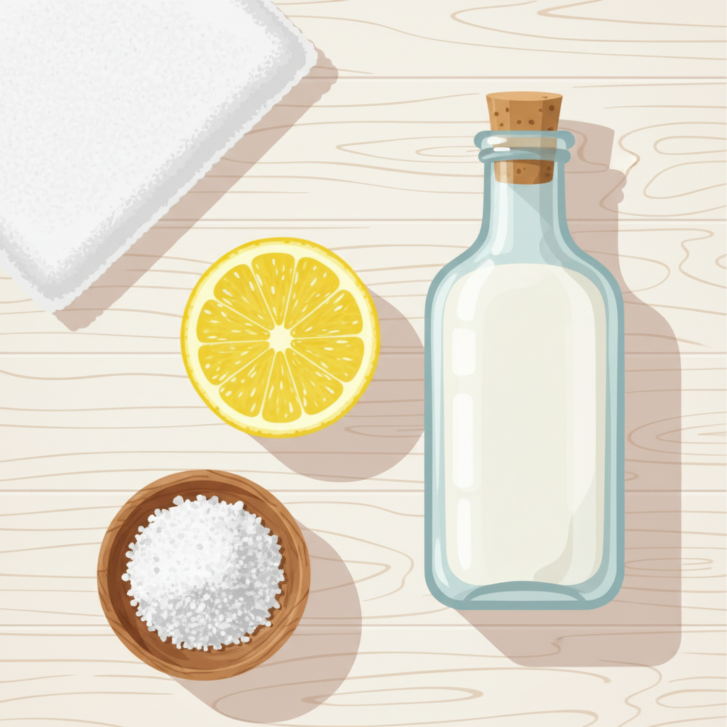 A vibrant flat lay illustration showcasing a collection of natural household remedies for stain removal arranged on a clean, light-colored kitchen counter or wooden surface. The composition includes a freshly cut lemon half, a clear bottle of white vinegar, a small wooden bowl filled with coarse salt, and a clean, folded white microfibre cloth. The items are neatly arranged, creating an inviting and helpful aesthetic. The overall style should be bright and optimistic, conveying the simplicity and effectiveness of these common ingredients.