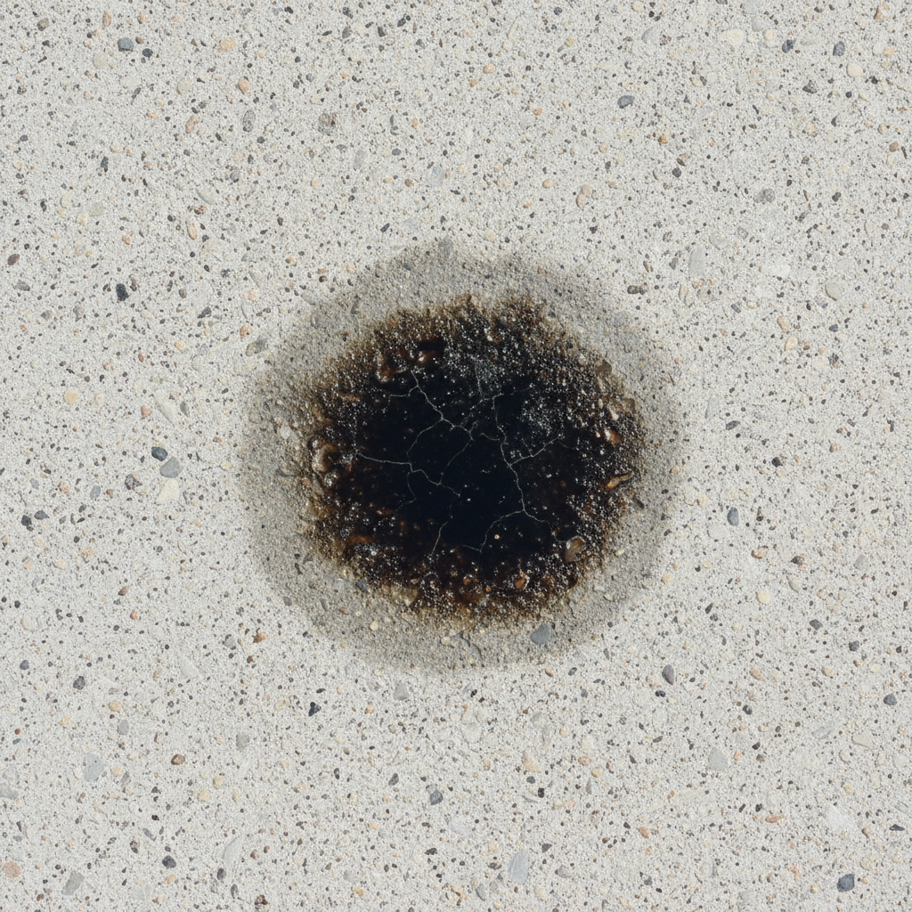 A close-up, high-angle professional photograph focusing on a stubborn, dark oil stain deeply embedded in a textured, light gray concrete surface. The stain should exhibit signs of age, perhaps with slightly faded, irregular edges but a concentrated, darker core, suggesting it has soaked in over time. Emphasize the rough, porous texture of the concrete, clearly showing how liquids would penetrate. The lighting should highlight the strong contrast between the clean concrete and the deep, persistent stain, visually conveying the challenge of removal.