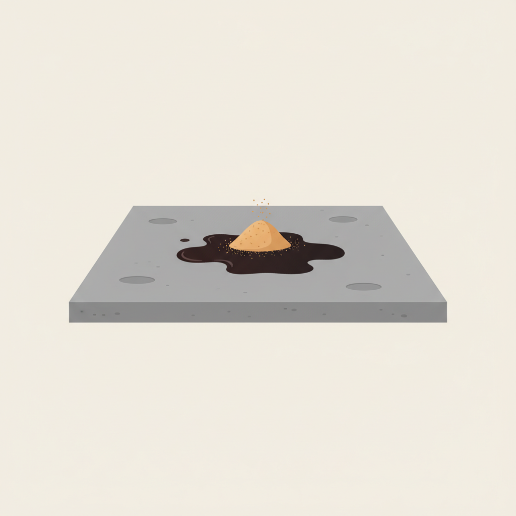 A clean, modern flat illustration depicting the initial phase of treating an old oil stain on concrete. The scene shows a flat, rectangular gray concrete slab with a prominent, dark, irregularly shaped oil stain. Above the stain, a small, stylized pile of light brown, granular absorbent material (reminiscent of cat litter or sawdust) is being gently poured or spread, effectively covering the stain. The background is simple and uncluttered, keeping the focus on the concrete and the absorbent material.
