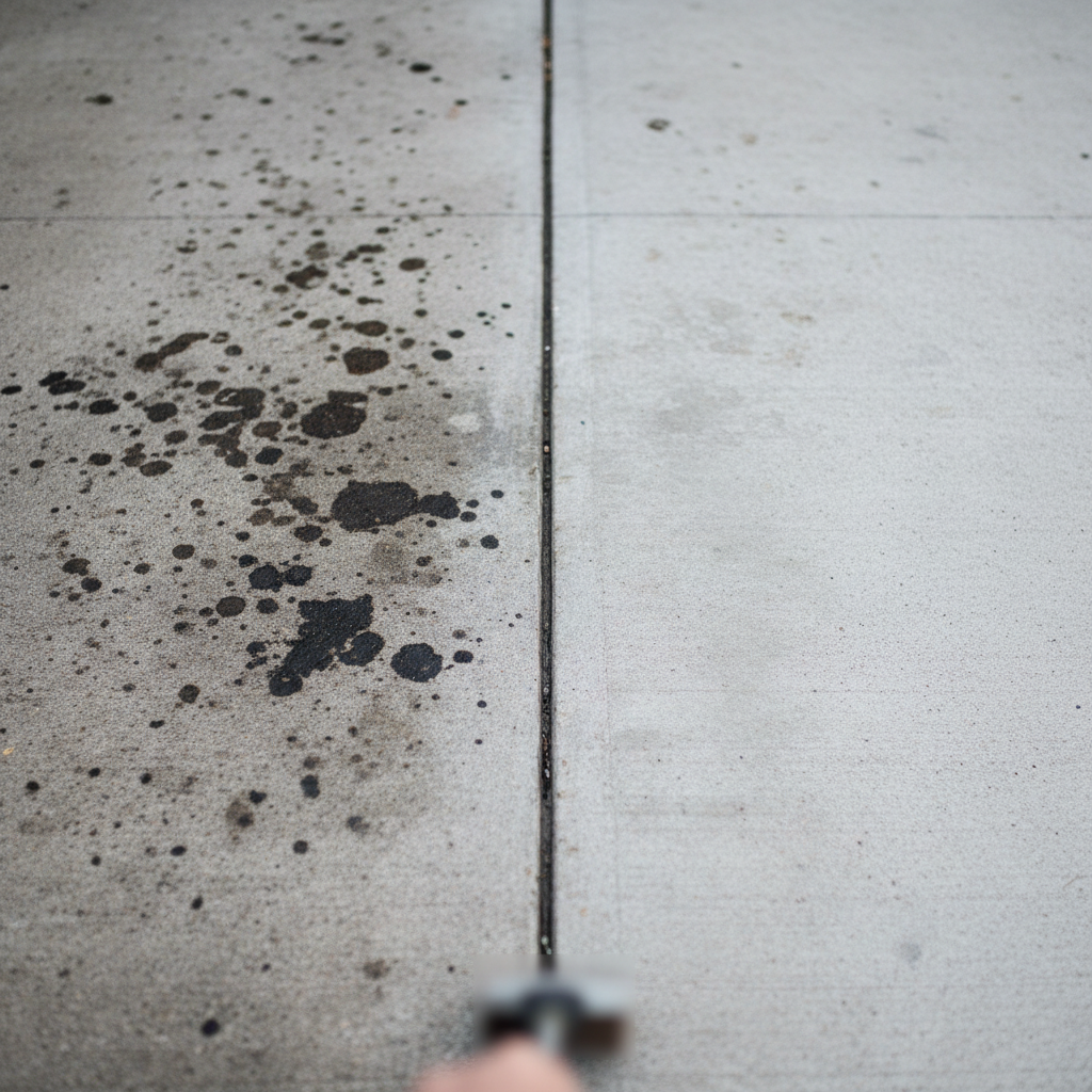 A clear visual split down the middle of a concrete surface, like a driveway or garage floor. One side (left) shows a section of concrete heavily marred by several dark, old, and dried oil stains, depicting neglect and visual degradation. The other side (right) shows the same concrete surface looking significantly cleaner and brighter, with only faint, almost invisible remnants of where stains might have been, or entirely clean. In the foreground of the cleaner side, a blurred hand or cleaning tool (like a brush or power washer nozzle) is subtly visible, suggesting ongoing cleaning without being the main focus. Professional high-angle photograph with a shallow depth of field, emphasizing the contrast. Natural lighting.