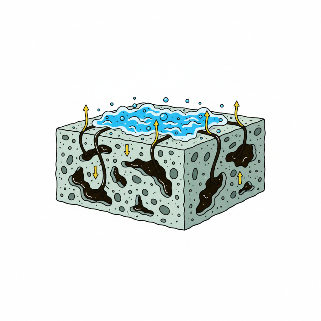 A stylized cross-section diagram of a concrete slab, depicted with a rough, porous texture showing tiny visible pores and capillaries. Deep within these pores, dark, viscous oil blobs are deeply embedded, illustrating how oil penetrates the material. On the surface, a cleaning agent (represented as active, swirling, or bubbling particles/liquid) is visibly at work, actively drawing or lifting the oil molecules out of the concrete's depths towards the surface. Subtle visual cues, like upward-pointing arrows, indicate the oil being extracted. Flat illustration or infographic style with clean lines and a clear visual hierarchy. Use contrasting colors for concrete, oil, and cleaning agent.