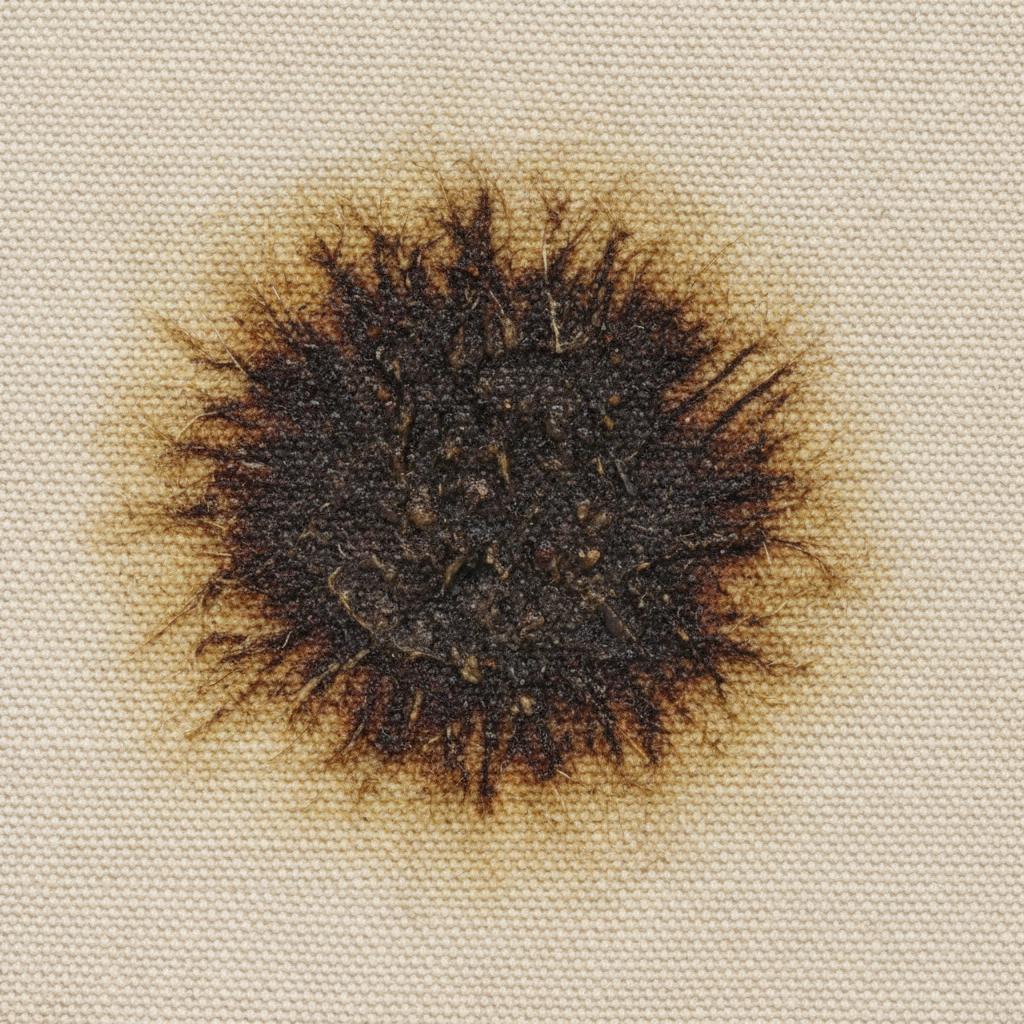 A close-up, slightly magnified view of an old, dark oil stain on a light beige or off-white fabric, possibly cotton or linen. The stain should appear deeply ingrained, with visible discoloration and slight texture alteration of the fabric fibers within and immediately surrounding the circular or irregular stain perimeter. Emphasize the stubborn, set-in nature of the mark. The background is softly blurred to keep the focus sharply on the stained textile. The lighting is neutral, highlighting the stain's texture and depth without harsh shadows. Professional macro photography style.