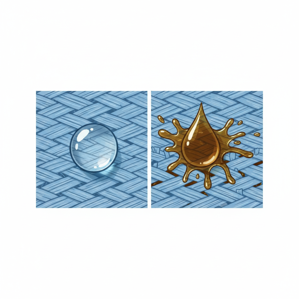 A clean, modern infographic illustration depicting a cross-section of textile fibers. Show several interwoven or parallel fabric threads. On the left side, a clear water droplet is shown beading up on the surface of the fibers, illustrating water repellency. On the right side, a darker oil droplet is depicted actively penetrating deep between and into the individual fabric strands, showing its lipophilic nature and how it becomes deeply embedded. Use distinct, contrasting colors for the fabric, water, and oil for maximum clarity and visual understanding.