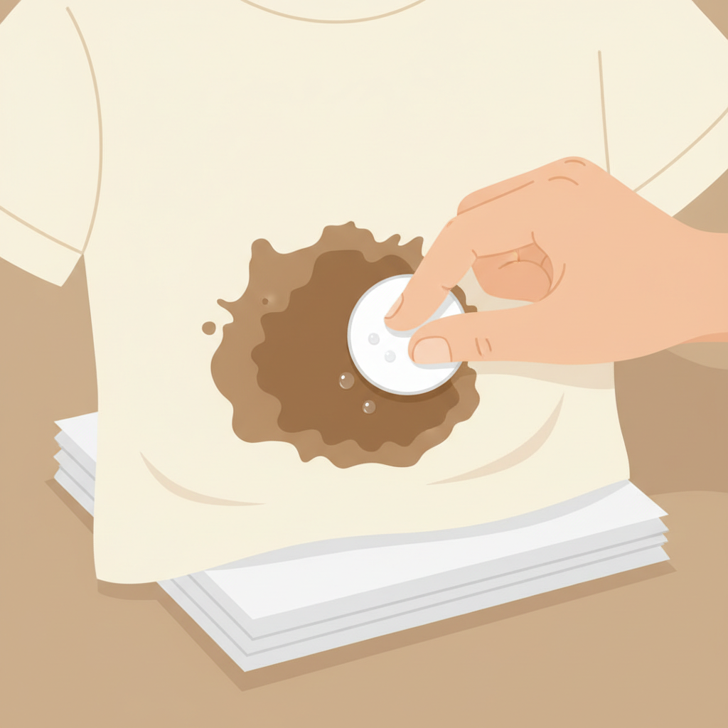 A close-up, clean flat illustration showing an old, deeply embedded oil stain on a light-colored cotton fabric, perhaps a t-shirt or denim. The stained area is positioned above a stack of absorbent paper towels or a clean white cloth. A hand, seen from behind the fabric, is gently dabbing or treating the reverse side of the stain, emphasizing the 'treating from the back' technique. The scene conveys careful preparation, highlighting the challenge of old stains and the meticulous approach to loosen them before cleaning. Use a soft, inviting color palette.