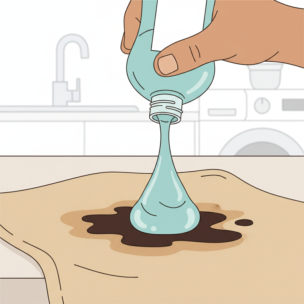 A vibrant flat illustration depicting a hand carefully applying a generous drop of liquid dish soap directly onto a visible, old oil stain on a piece of beige or light-blue fabric. The dish soap should appear thick and slightly translucent, actively covering the stain. In the soft-focus background, hints of a laundry room or kitchen counter suggest a home environment where common household remedies are used. The overall composition should be clean and instructional, emphasizing the direct application of a powerful degreaser onto a stubborn spot, ready for treatment.