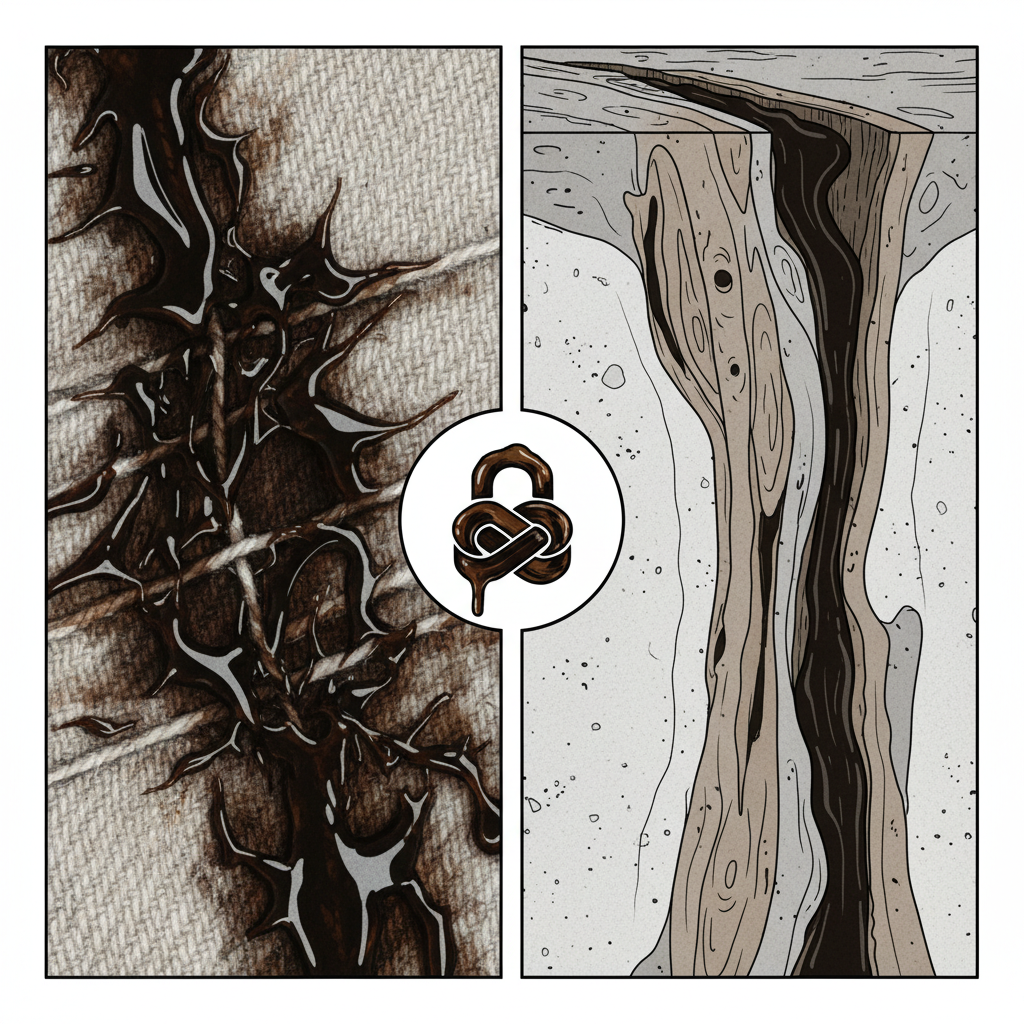 An infographic style illustration depicting the stubborn nature of old oil stains on various materials. On one side, show a magnified view of textile fibers heavily saturated and discolored by dark, viscous oil, illustrating deep penetration. On the other side, depict a cross-section of a porous material like wood or concrete, with thick oil visibly seeped deep into its cracks and pores. The overall scene should convey the challenge of removal, with a sense of the oil being firmly 'stuck' within the materials. Use a clean, educational visual style with subtle textures and a palette of contrasting dark oil against lighter material tones.