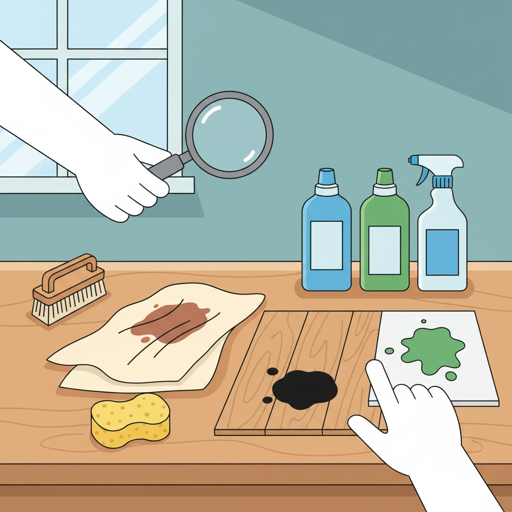 A vibrant flat illustration showing a well-prepared scene for stain removal. A person's hands are carefully examining different items on a workbench: a piece of stained fabric, a section of wooden flooring with a dark spot, and a ceramic tile. The hands hold a small, generic tool or a magnifying glass, suggesting close inspection. Around the items are various unlabeled cleaning tools and containers, such as a brush, a sponge, and a few generic bottles, arranged neatly to signify readiness. The scene should exude a methodical, organized approach to tackling tough stains, using bright, clean lines and a friendly, encouraging aesthetic.