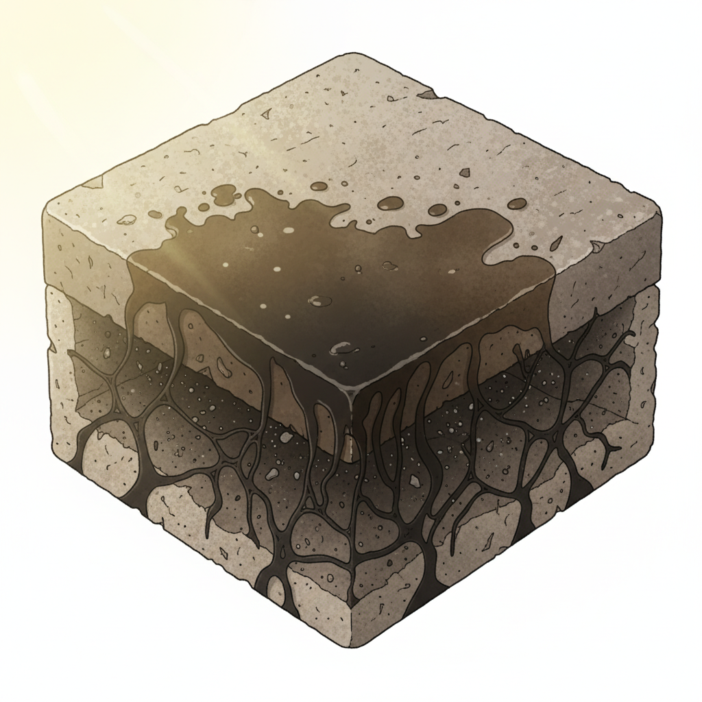 A detailed scientific illustration depicting a cross-section of a paving stone. On the surface, a dark, aged oil stain is clearly visible. Below the surface, the oil is shown deeply absorbed into the stone's porous structure, highlighting how it penetrates the material. Tiny particles of dirt and dust are visibly trapped within the oil in the stone's pores. Subtle rays of sunlight subtly touch the surface, hinting at UV exposure. The illustration uses a clean, educational style with muted stone colors and a dark, contrasting tone for the oil, emphasizing the difficulty of removal.