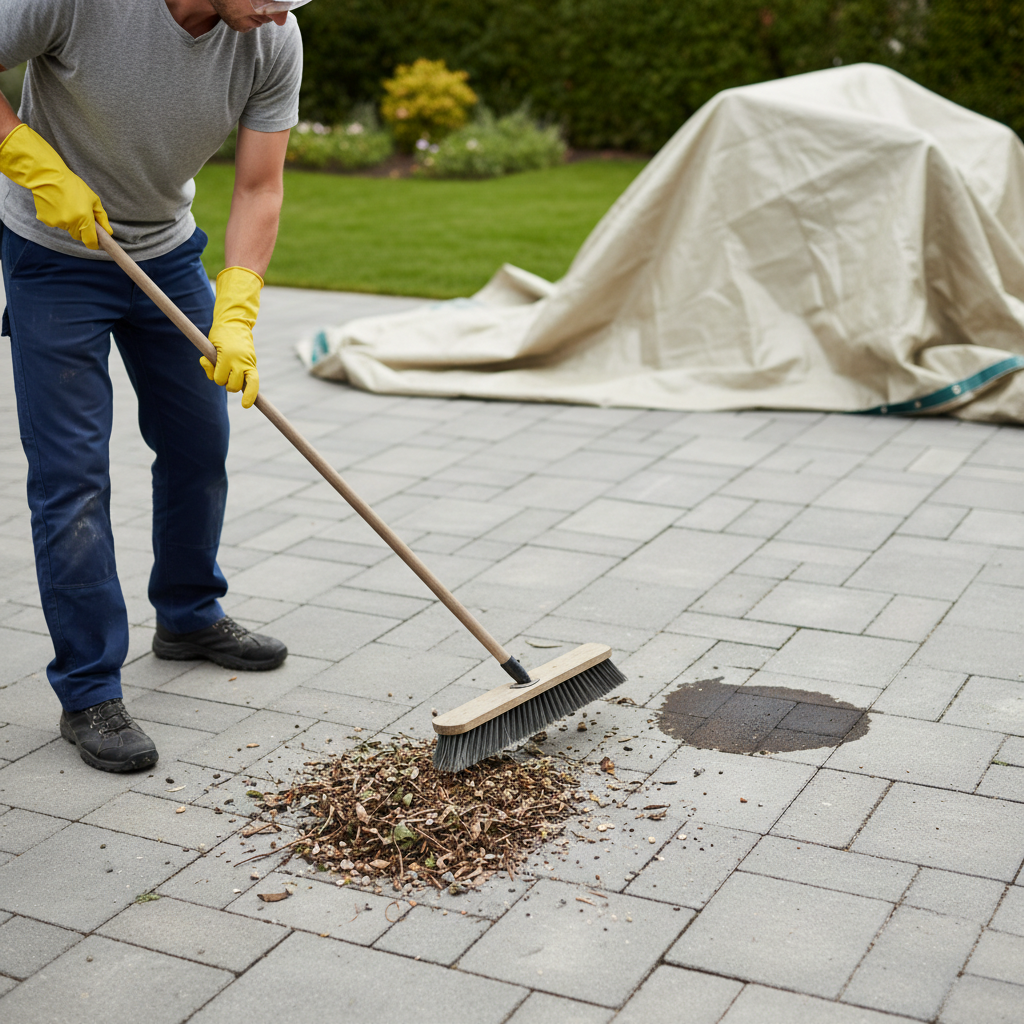 A professional photo showing an individual engaged in the preparation phase of oil stain removal from paving stones. The person, wearing yellow protective gloves and clear safety glasses, is using a sturdy broom to sweep away leaves, small stones, and loose debris from a section of concrete pavers. A prominent, dark oil stain is visible on one of the pavers near the sweeping action. In the background, lush green plants or a patch of lawn are partially covered with a light-colored protective tarp, emphasizing the step of safeguarding surrounding areas. The image conveys a practical, hands-on approach to outdoor maintenance.