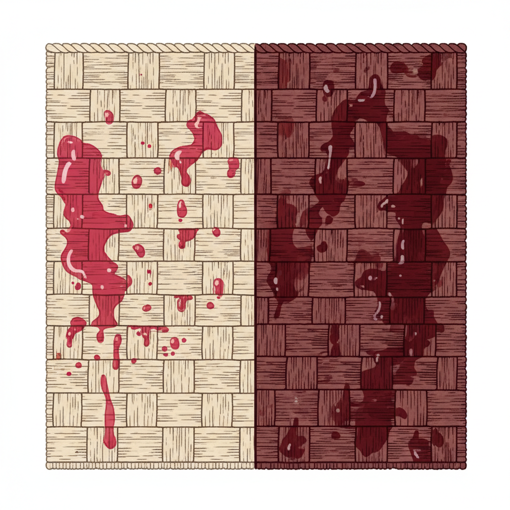 A detailed, microscopic cross-section illustration of fabric fibers. On the left side, a fresh red wine stain shows bright red liquid pigments sitting primarily on the fiber surfaces, easily accessible. On the right side, an old, stubborn red wine stain depicts the pigments deeply integrated and chemically bonded within the core of the fabric fibers, appearing darker and more entrenched. The fibers themselves are clearly visible, highlighting the difference in penetration depth and bonding, emphasizing why old stains are harder to remove. Infographic style with clean lines and a professional aesthetic.