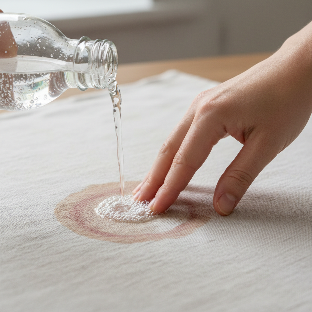 A close-up, high-quality professional photo depicting a hand gently dabbing a clear, fizzy liquid from a bottle (representing mineral or soda water) onto an old, dried red wine stain on a light-colored fabric surface, possibly a white linen tablecloth or a beige carpet. The stain should appear slightly faded but still distinct and challenging. Show a subtle effervescence around the contact point, suggesting the loosening action of the liquid on the ingrained stain. The focus should be on the interaction between the cleaning agent and the stubborn stain, conveying a sense of practical advice.