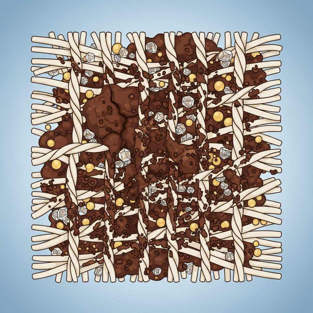 A detailed scientific illustration depicting a cross-section of fabric fibers (e.g., cotton or synthetic). A dried, brownish chocolate stain is deeply embedded and intertwined within and around the individual fibers. Visually represent the components of chocolate – small, distinct globules for fat, crystalline structures for sugar, and colored particles for pigments – fused tightly with the textile strands. Show a sense of solidification and deep penetration, emphasizing the difficulty of removal. The overall aesthetic should be clean, informative, and slightly magnified, using a crisp, professional infographic style with clear distinctions between the fabric and stain components.