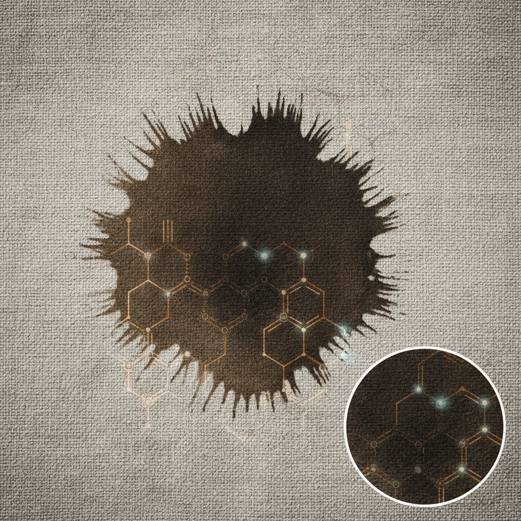 A professional photo capturing a close-up of an old, dark black tea stain deeply embedded on a light beige linen tablecloth. The stain appears stubborn and well-set. Overlayed subtly, perhaps as a translucent layer or a magnified inset, visualize abstract molecular structures, representing tannins, deeply intertwined with fabric fibers, with a faint glow suggesting oxidation and chemical bonding. The overall atmosphere should convey the challenge of removing such stains, highlighting their scientific nature.